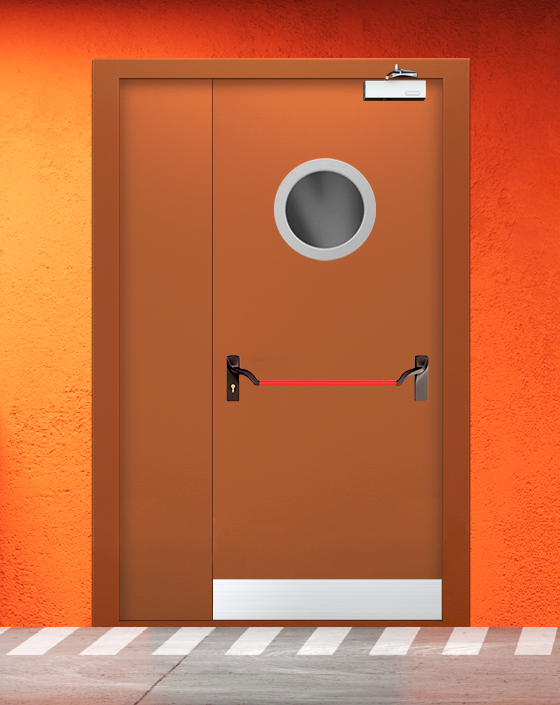 Противопожарная полуторная коричневая дверь EIS 60 с ручкой антипаника, круглым окном, узким отбойником