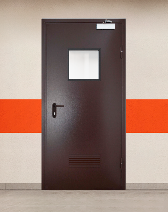 Противопожарная однопольная коричневая дверь порошковым напылением EIS 30 с квадратным окном, прямоугольной решеткой