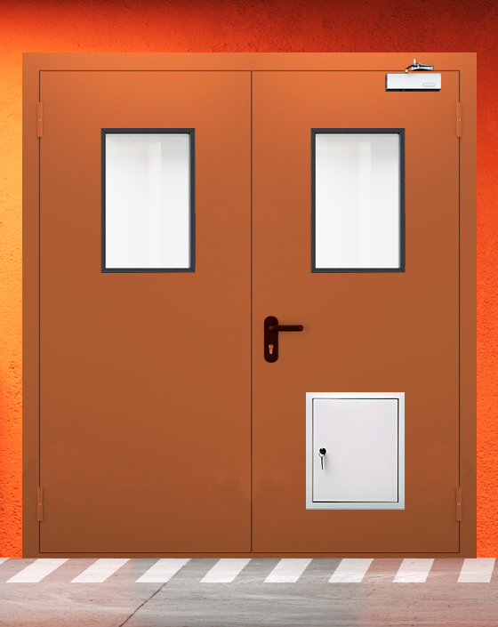 Противопожарная двупольная коричневая дверь EIS 60 с прямоугольным окном, стыковочным узлом