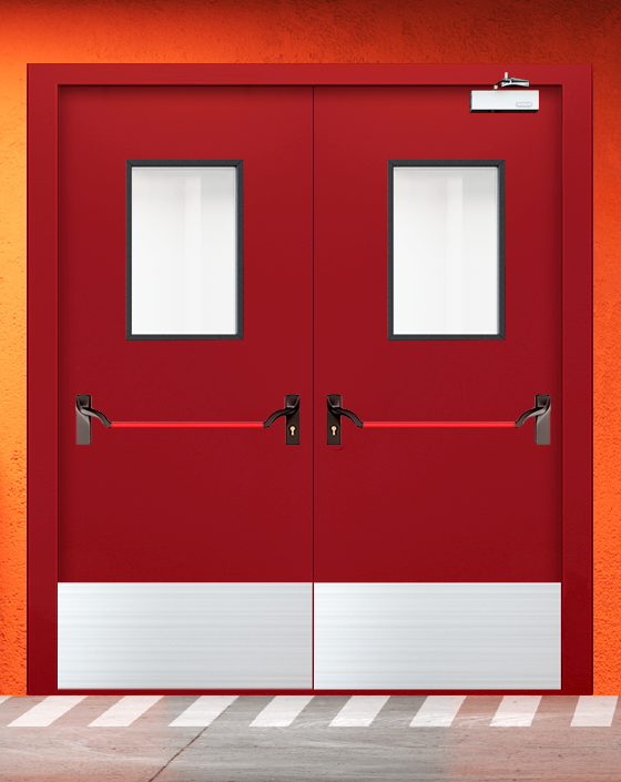 Противопожарная двупольная красная дверь EIW 45 с ручкой антипаника, прямоугольным окном, широким отбойником