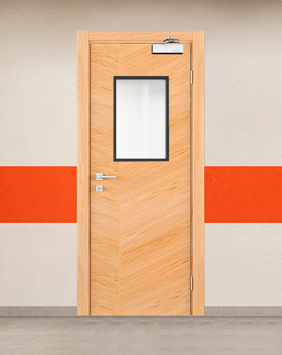 Противопожарная однопольная шпон серая дверь с прямоугольным окном, блестящим доводчиком