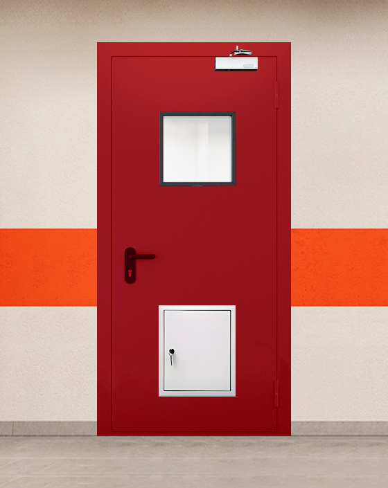 Противопожарная однопольная красная дверь EIW 45 с квадратным окном, стыковочным узлом