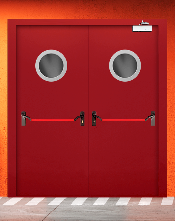 Противопожарная двупольная красная дверь EIW 45 с ручкой антипаника, круглым окном