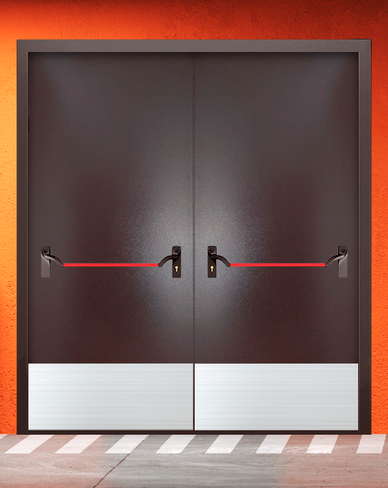 Противопожарная двупольная коричневая дверь порошковым напылением EIWS 60 без доводчика с ручкой антипаника, широким отбойником