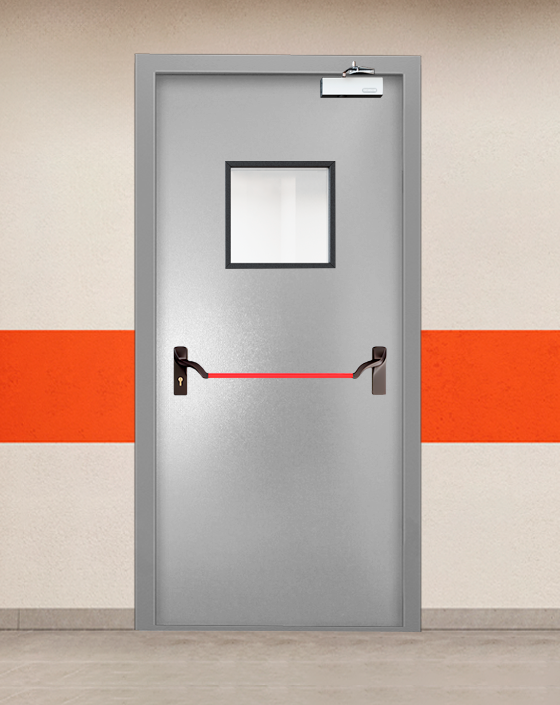 Противопожарная однопольная серая дверь порошковым напылением EIS 45 с ручкой антипаника, квадратным окном