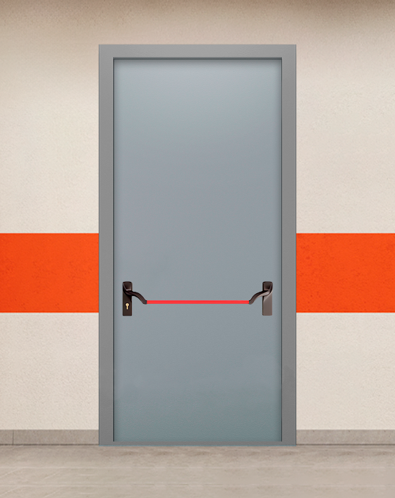 Противопожарная однопольная серая дверь EIS 60 без доводчика с ручкой антипаника