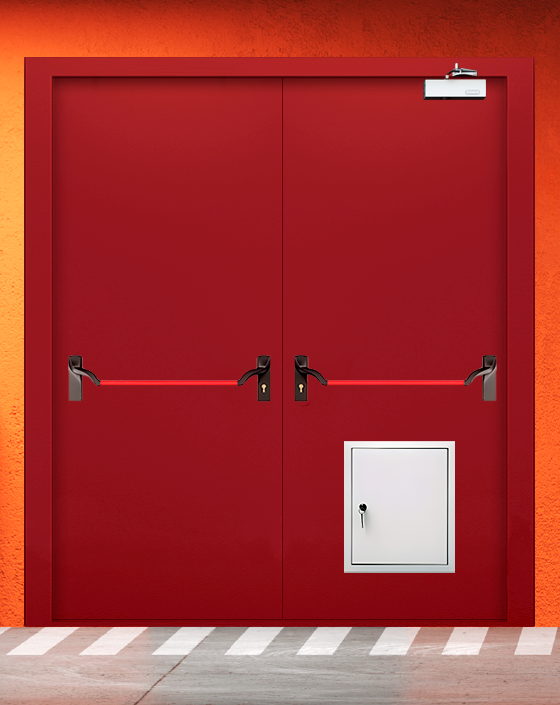 Противопожарная двупольная красная дверь EIW 45 с ручкой антипаника, стыковочным узлом