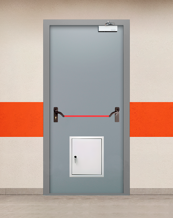 Противопожарная однопольная серая дверь EIS 60 с ручкой антипаника, стыковочным узлом
