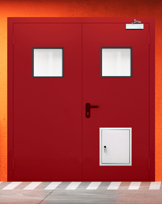 Противопожарная двупольная красная дверь EIWS 90 с квадратным окном, стыковочным узлом