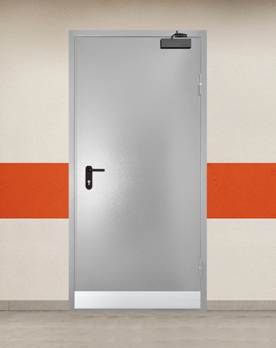 Противопожарная однопольная серая дверь порошковым напылением EI 90 с узким отбойником