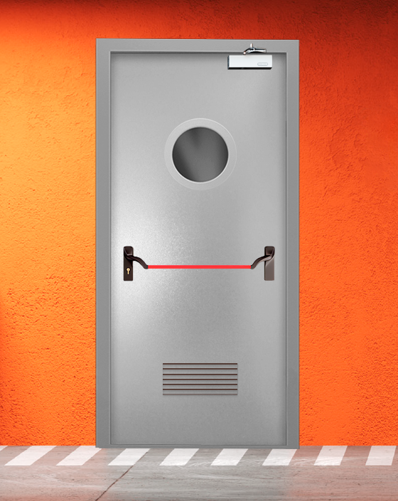 Противопожарная однопольная серая дверь порошковым напылением EIS 45 с ручкой антипаника, круглым окном, прямоугольной решеткой