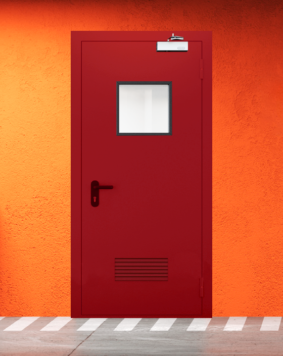 Противопожарная однопольная красная дверь EIW 45 с квадратным окном, прямоугольной решеткой