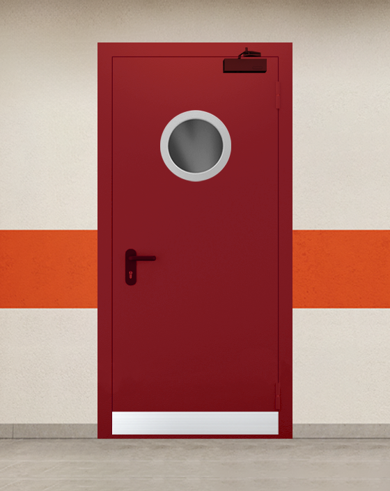 Противопожарная однопольная красная дверь EI 45 с круглым окном, узким отбойником