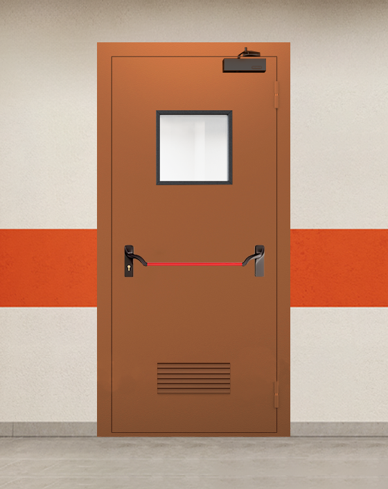 Противопожарная однопольная коричневая дверь EI 90 с ручкой антипаника, квадратным окном, прямоугольной решеткой