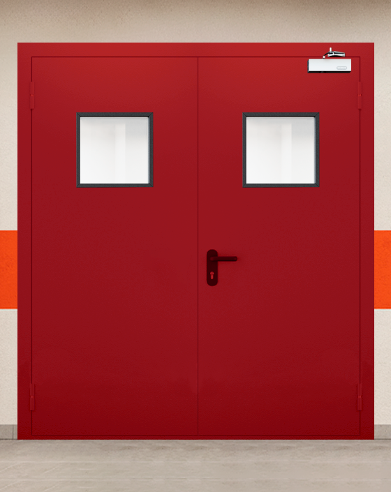 Противопожарная двупольная красная дверь EIWS 90 с квадратным окном