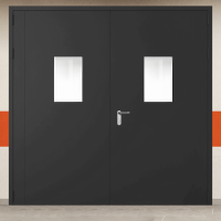 Ворота металлические черные двустворчатыечерные с двумя окнами, блестящей ручкой