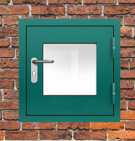 Люк металлический зеленый с окном и блестящей ручкой
