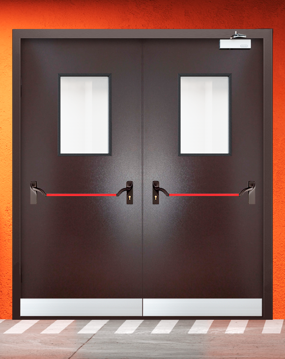 Противопожарная двупольная коричневая дверь порошковым напылением EIWS 60 с ручкой антипаника, прямоугольным окном, узким отбойником