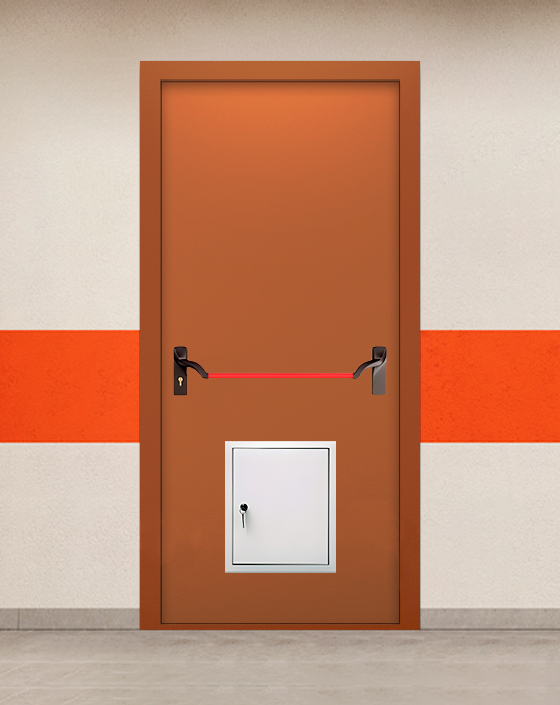 Противопожарная однопольная коричневая дверь EIW 60 без доводчика с ручкой антипаника, стыковочным узлом