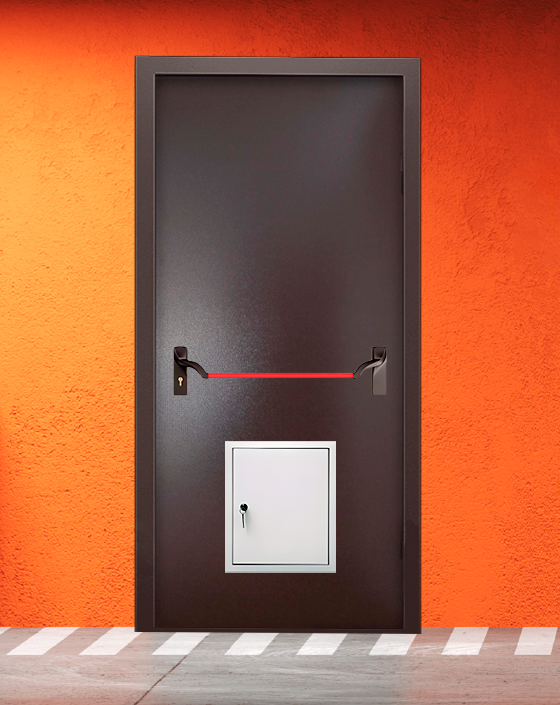 Противопожарная однопольная коричневая дверь порошковым напылением EIWS 45 без доводчика с ручкой антипаника, стыковочным узлом