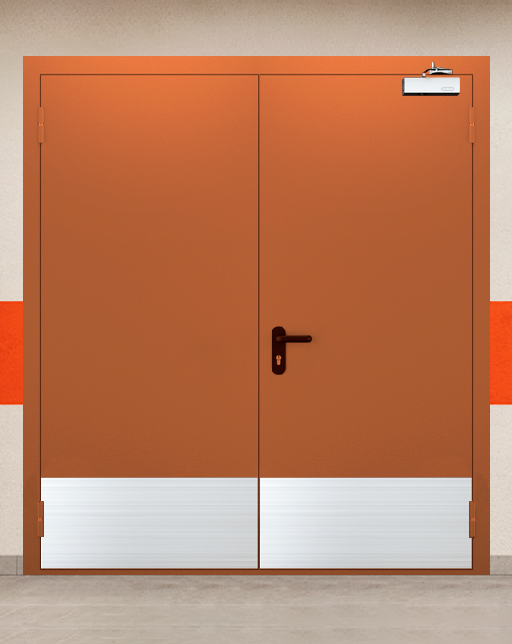 Противопожарная двупольная коричневая дверь EIS 60 с широким отбойником