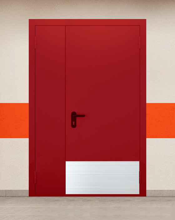 Противопожарная полуторная красная дверь EI 60 (2-го типа) без доводчика с широким отбойником