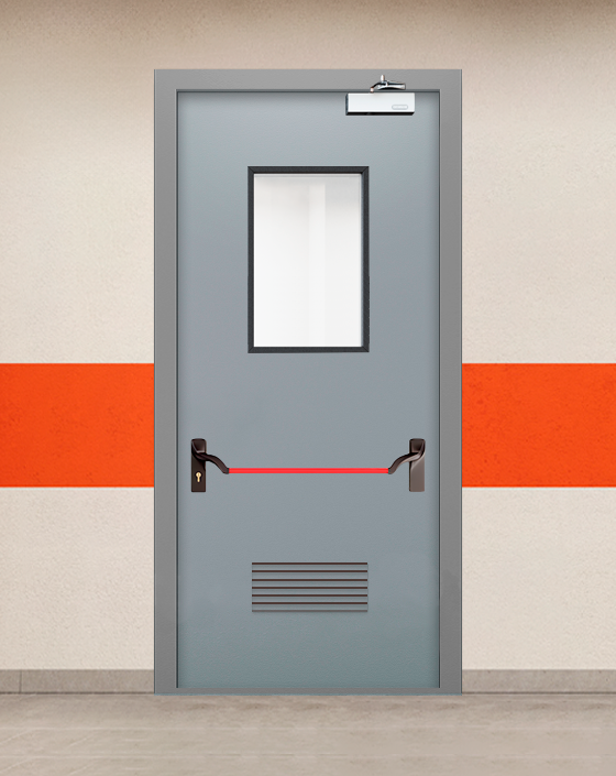 Противопожарная однопольная серая дверь EIS 60 с ручкой антипаника, прямоугольным окном, прямоугольной решеткой