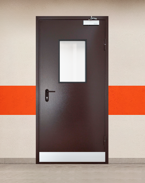 Противопожарная однопольная коричневая дверь порошковым напылением EIS 30 с прямоугольным окном, узким отбойником