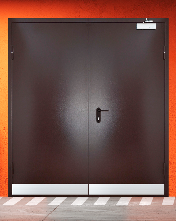 Противопожарная двупольная коричневая дверь порошковым напылением EIWS 30 с узким отбойником