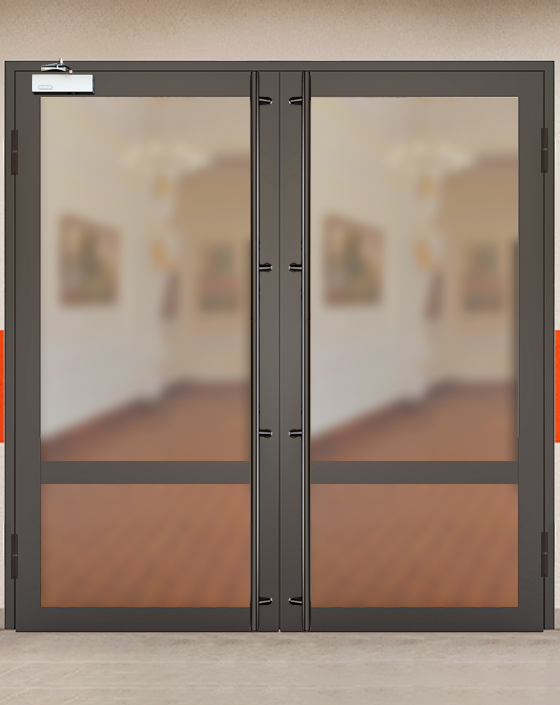 Противопожарная двупольная светопрозрачная стальная коричневая дверь EIW 60 с ручками во всю высоту