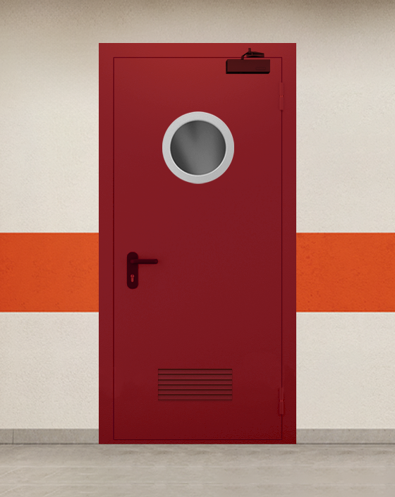 Противопожарная однопольная красная дверь EI 45 с круглым окном, прямоугольной решеткой