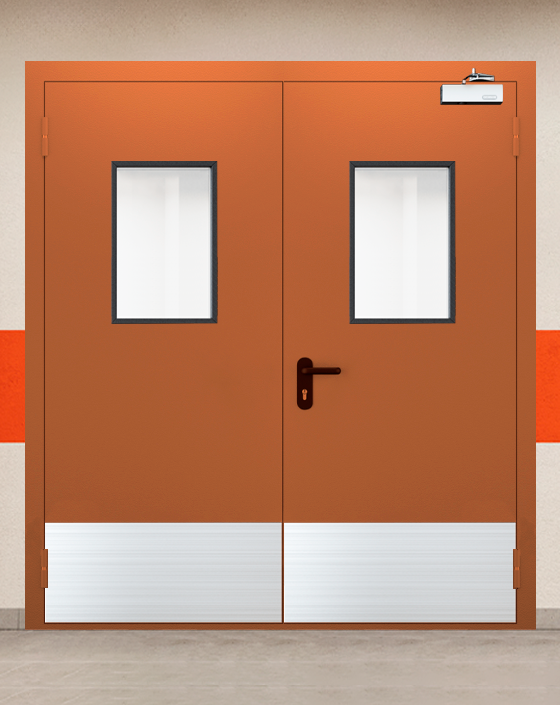 Противопожарная двупольная коричневая дверь EIS 60 с прямоугольным окном, широким отбойником