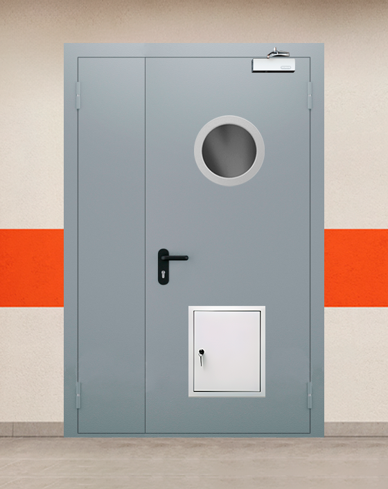 Противопожарная полуторная серая дверь EI 30 (3-го типа) с круглым окном, стыковочным узлом