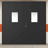 Ворота металлические двустворчатые черные с двумя окнами