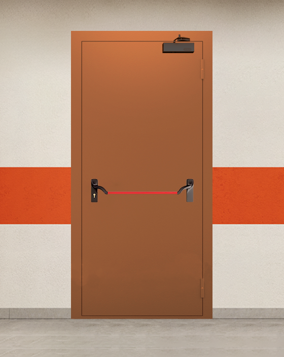 Противопожарная однопольная коричневая дверь EIS 60 с ручкой антипаника