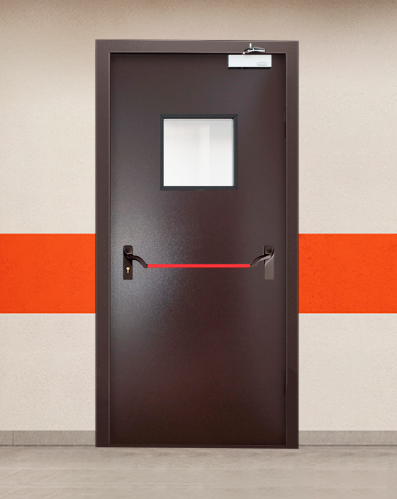 Противопожарная однопольная коричневая дверь порошковым напылением EIWS 45 с ручкой антипаника, квадратным окном
