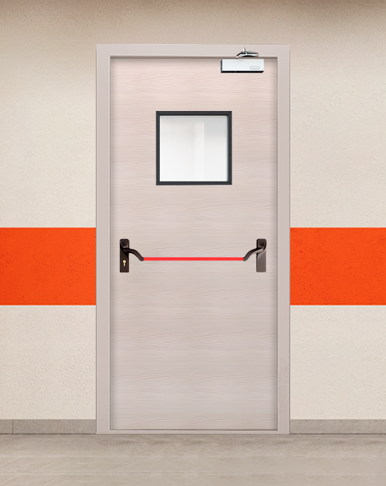 Противопожарная однопольная МДФ бежевая дверь с ручкой антипаника, квадратным окном