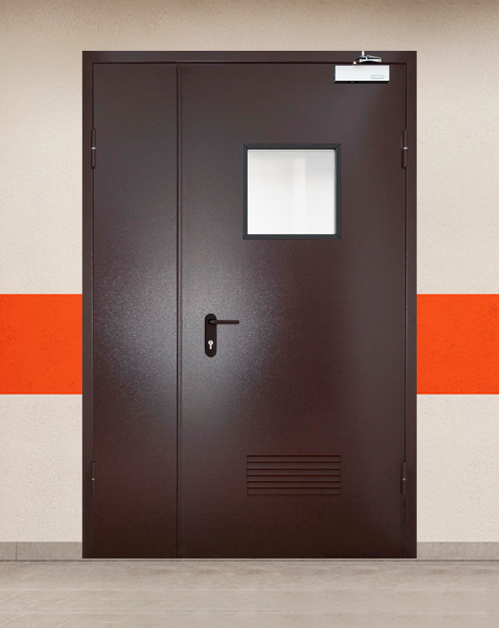 Противопожарная полуторная коричневая дверь порошковым напылением EIS 60 с квадратным окном, прямоугольной решеткой