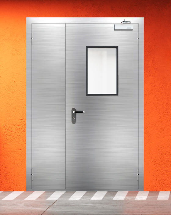 Противопожарная полуторная из нержавеющей стали серая дверь EIS 30 с прямоугольным окном