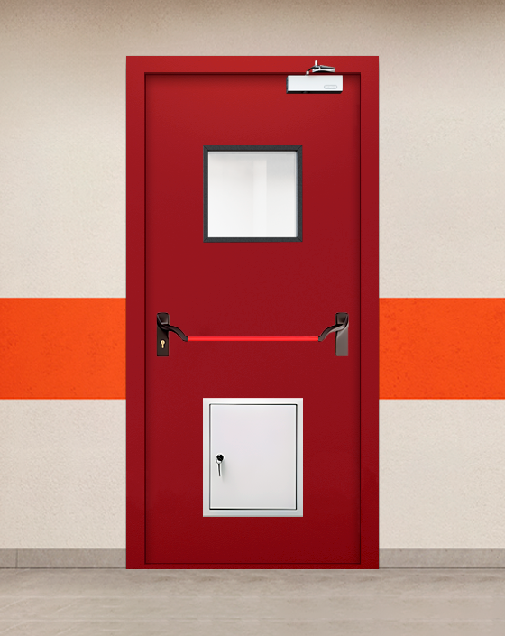 Противопожарная однопольная красная дверь EIWS 60 с ручкой антипаника, квадратным окном, стыковочным узлом