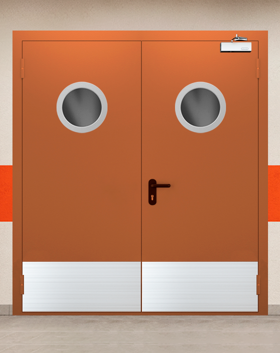 Противопожарная двупольная коричневая дверь EIS 60 с круглым окном, широким отбойником