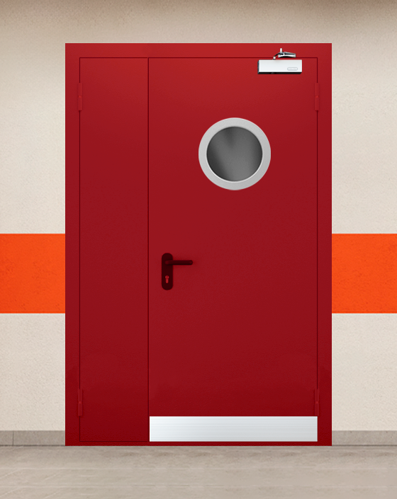 Противопожарная полуторная красная дверь EI 60 (2-го типа) с круглым окном, узким отбойником