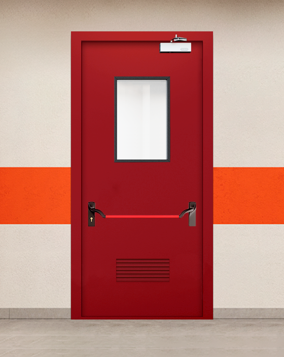 Противопожарная однопольная красная дверь EIWS 60 с ручкой антипаника, прямоугольным окном, прямоугольной решеткой