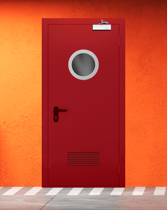 Противопожарная однопольная красная дверь EIW 45 с круглым окном, прямоугольной решеткой