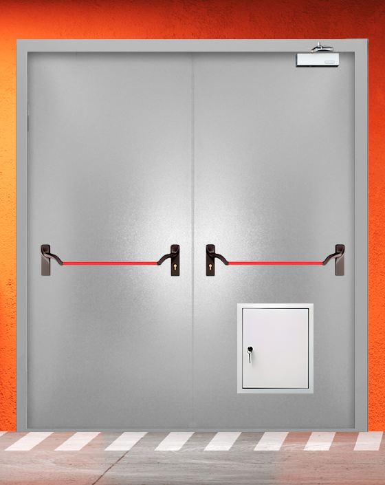 Противопожарная двупольная серая дверь порошковым напылением EIS 30 с ручкой антипаника, стыковочным узлом