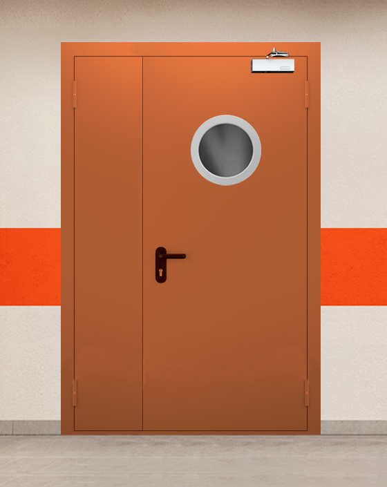 Противопожарная полуторная коричневая дверь EI 45 с круглым окном