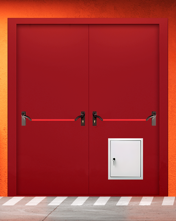 Противопожарная двупольная красная дверь EIW 45 без доводчика с ручкой антипаника, стыковочным узлом