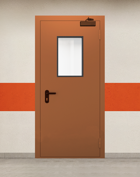 Противопожарная однопольная коричневая дверь EI 45 с прямоугольным окном