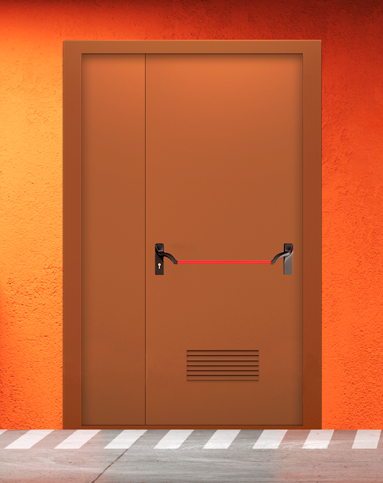 Противопожарная полуторная коричневая дверь EIS 60 без доводчика с ручкой антипаника, прямоугольной решеткой