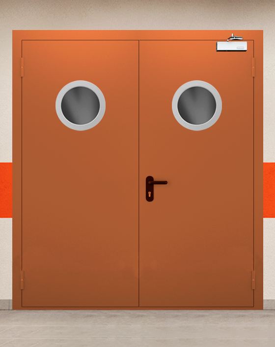 Противопожарная двупольная коричневая дверь EIS 60 с круглым окном